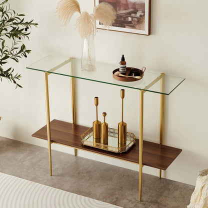 Glass Console Table for Living Room, Foyer & Entrance, 2-Tiers Mid-Century Modern Sofa Table with