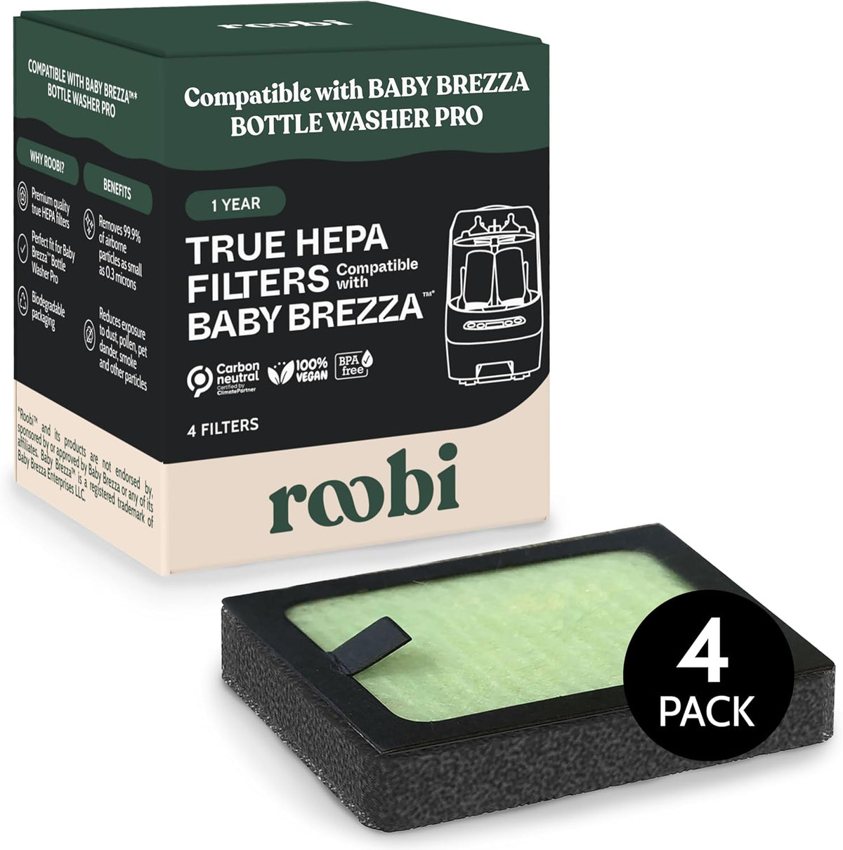 Roobi Hepa Filters Compatible with Baby Brezza. Specially Formulated for Washer Pro. 4 Carbon