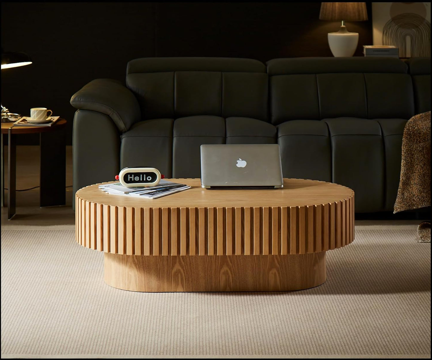 43.7" Oval Coffee Table for Living Room,Modern Handcraft Drum Coffee TableSmall Wooden Coffee Table