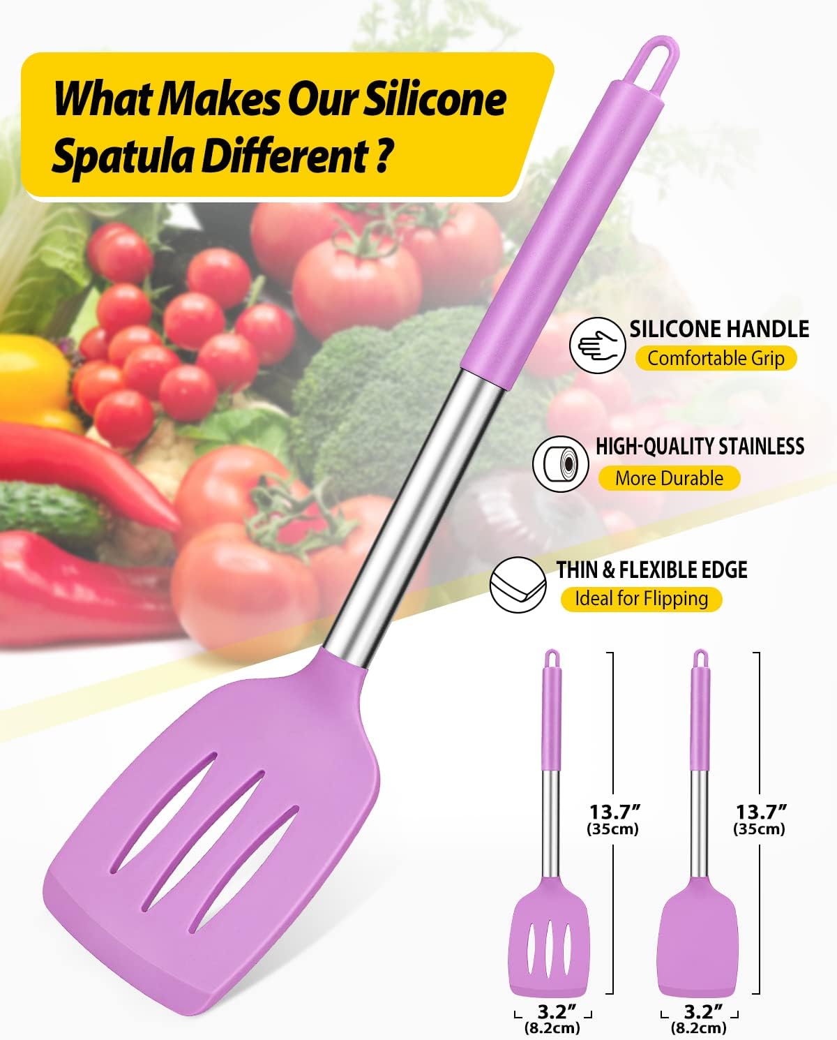 Pack of 2 Silicone Solid Turner, Non Stick Slotted Kitchen Spatulas, High Heat Resistant BPA Free