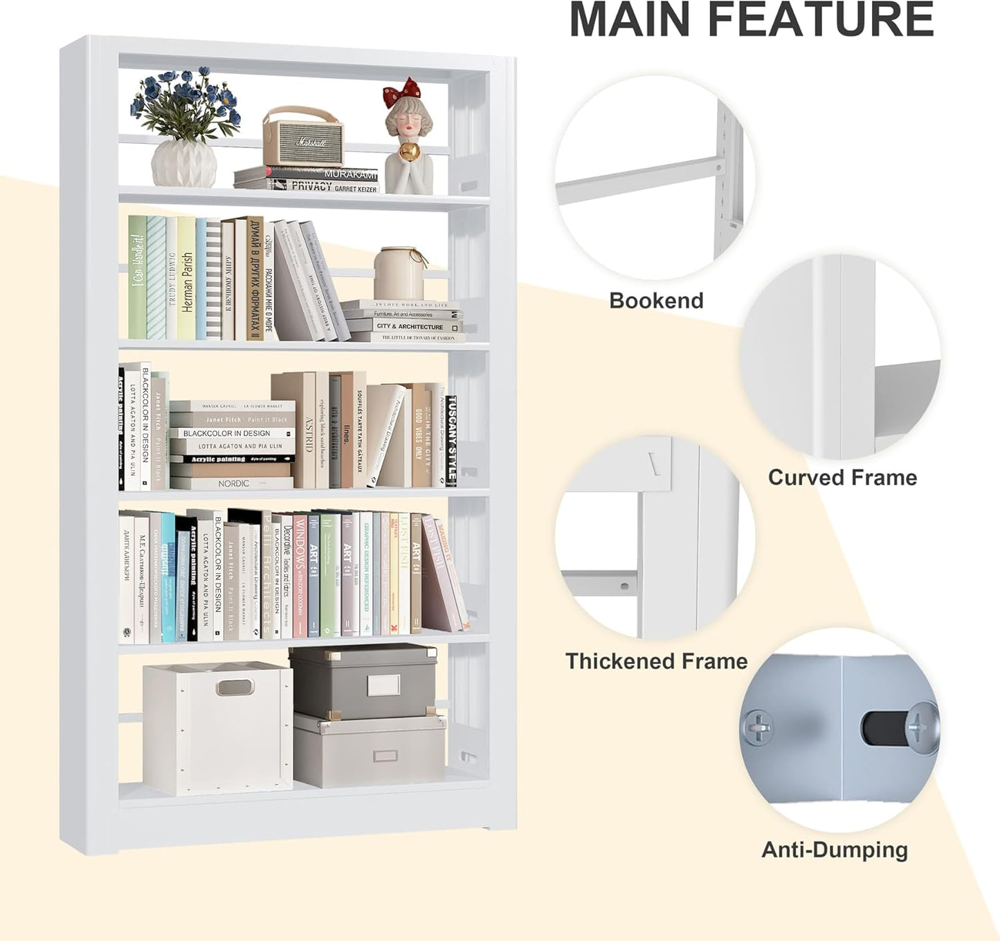 Heavy Duty Metal Bookshelf, 5 Shelf Adjustable Bookcase, 69’’ Tall Modern Bookshelves, Open Book