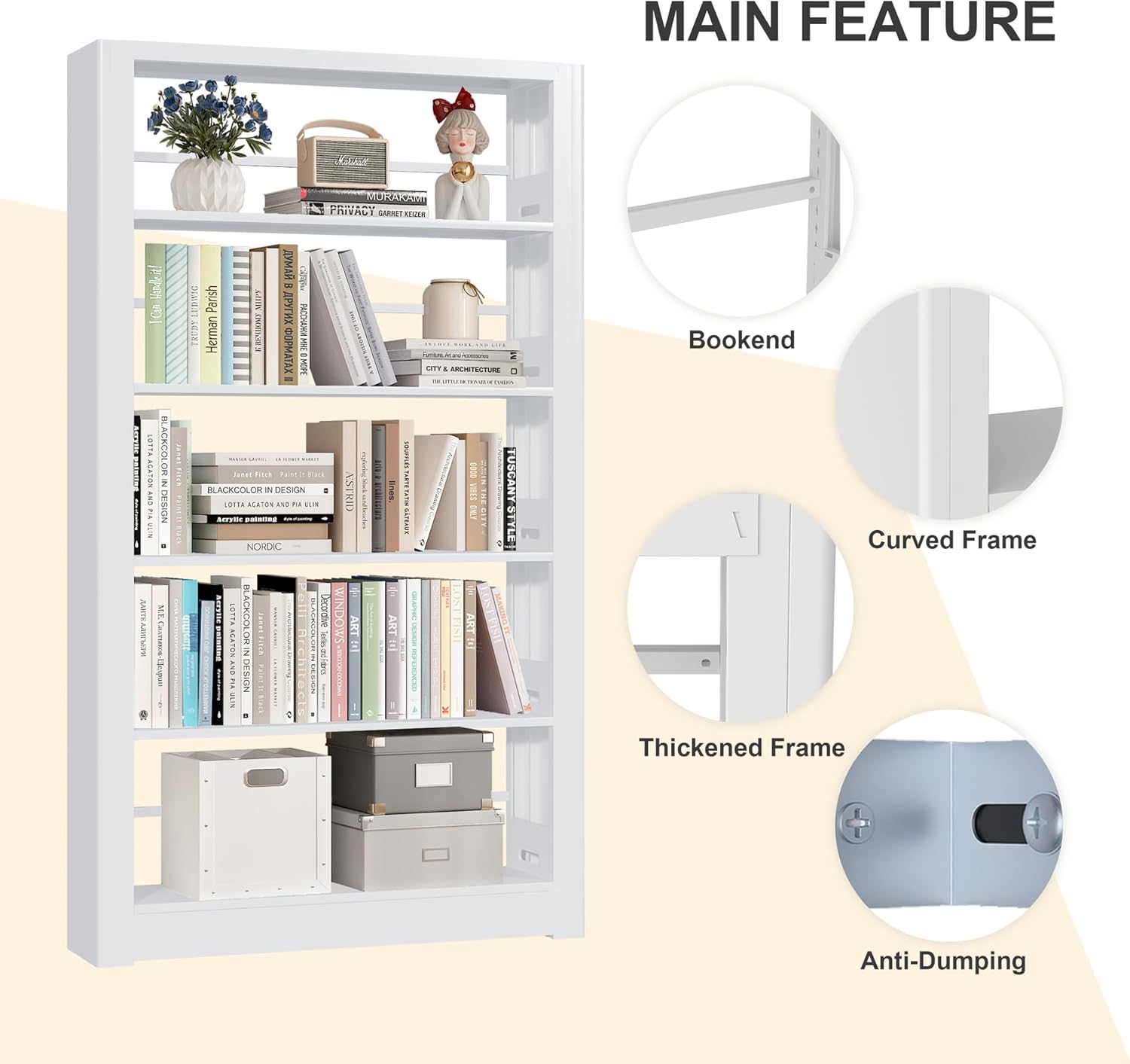 Heavy Duty Metal Bookshelf, 5 Shelf Adjustable Bookcase, 69’’ Tall Modern Bookshelves, Open Book
