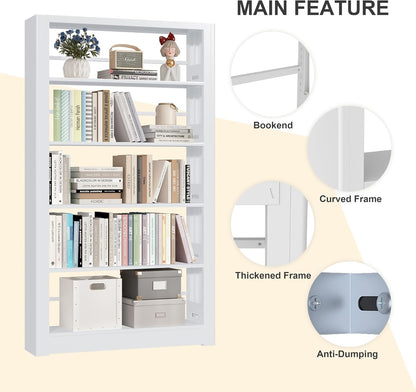 Heavy Duty Metal Bookshelf, 5 Shelf Adjustable Bookcase, 69’’ Tall Modern Bookshelves, Open Book