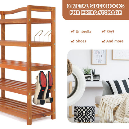 Giantex 5-Tier Shoe Rack, Acacia Wood Shoe Shelf with Side Metal Hooks, Holds up 12-18 Pairs