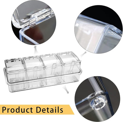 4-Cell Clear Seasoning Rack Spice Box, Storage Container Condiment Jars Acrylic Seasoning Box with