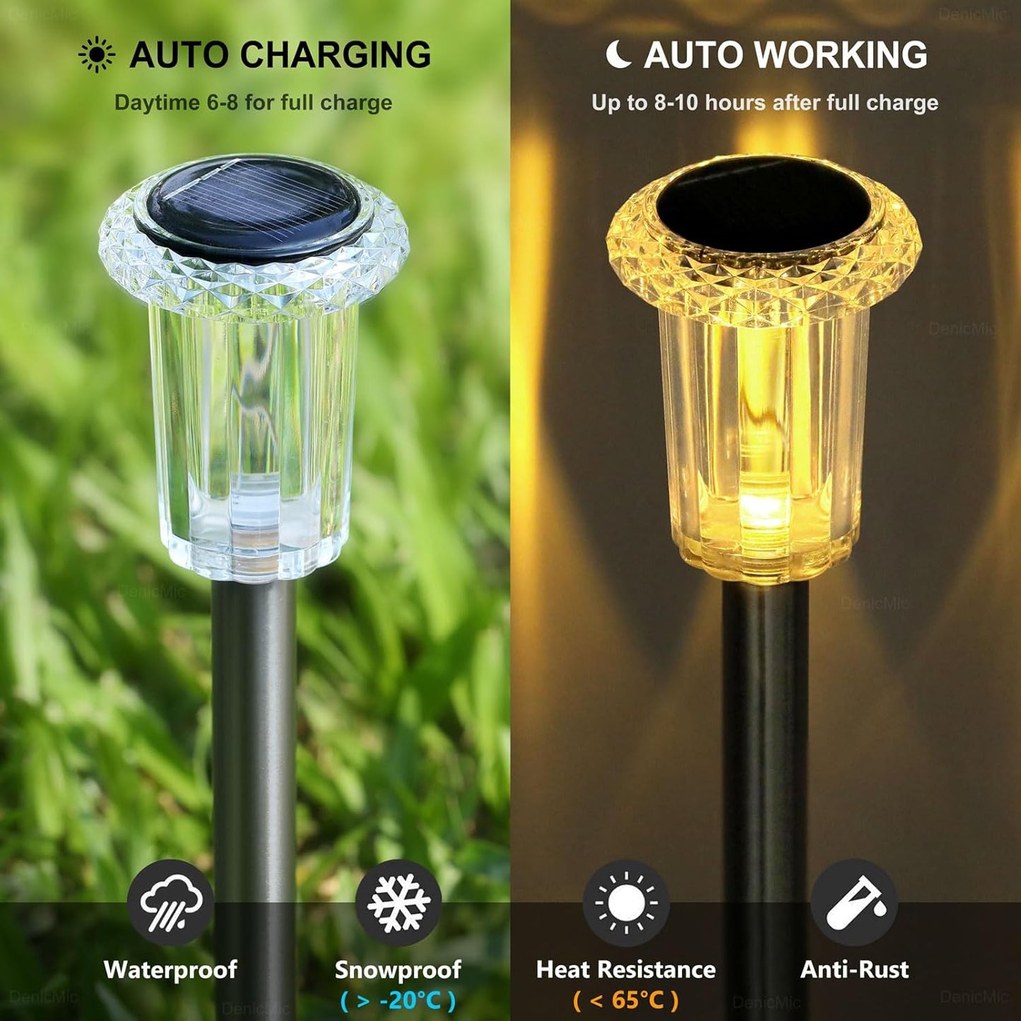 DenicMic Solar Lights Outdoor 10 Pack Waterproof 3000K Warm White LED Acrylic lamp Head Stainless