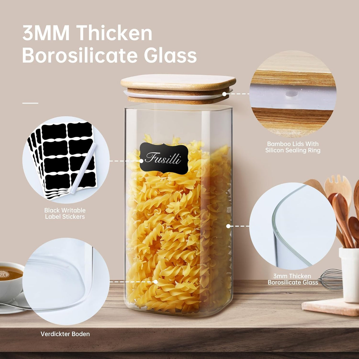 Square Glass Jars with Bamboo Lids 79 FL OZ [Set of 3], Glass Canisters with Airtight Lid, Glass