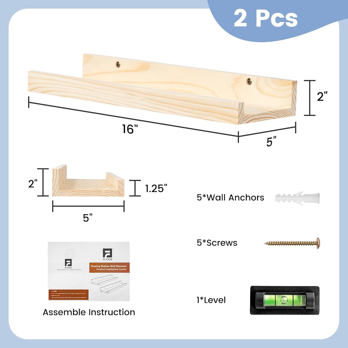 Picture Ledge Shelf for Wall, 16 inch Solid Pine Wood Nursery Book Shelves 2 Packs, Floating Ledge