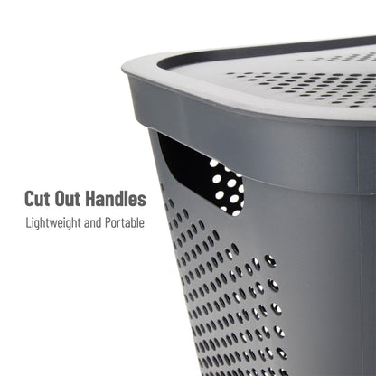 Mind Reader Slim Laundry Hamper with Lid, 60L Clothes Basket, Ventilated Plastic, Gray