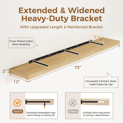 Fun Memories 72 Inch Floating Shelf, 12 Inch Deep Wall Shelf for Fireplace Mantel, Deep Storage