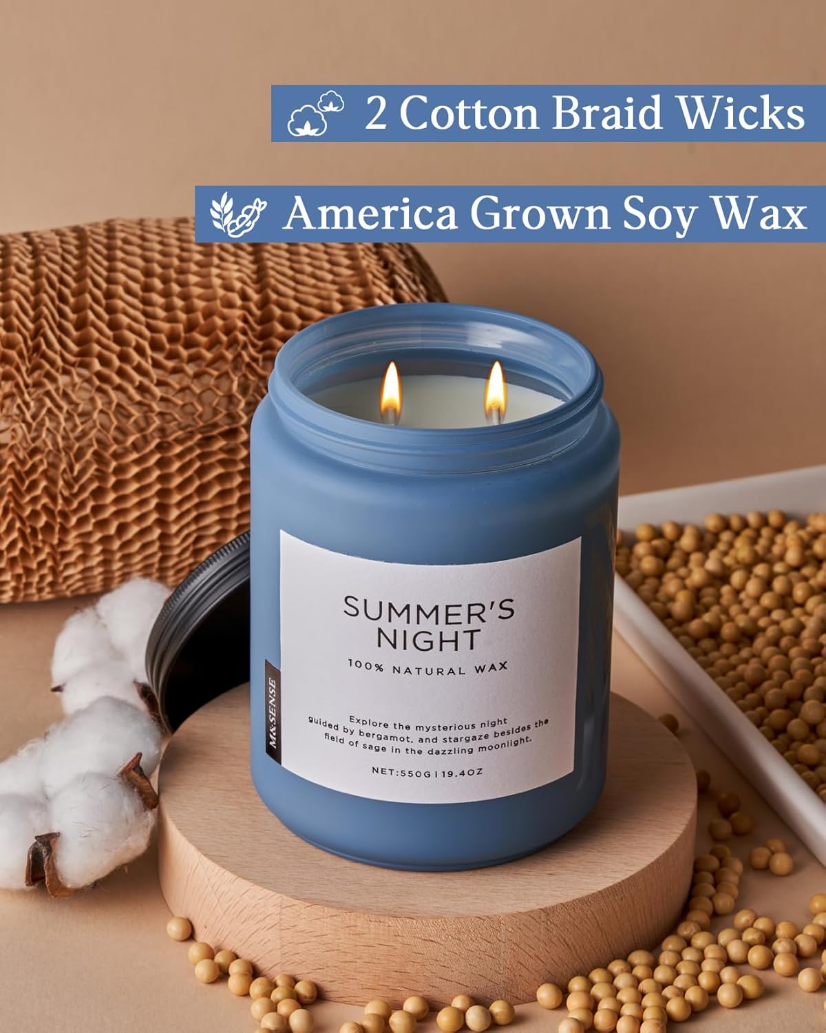 M&SENSE Summer's Night Soy Candle, Large 2 Wick, 19.4oz Up to 110 Hours Burn Time, Natural Scented