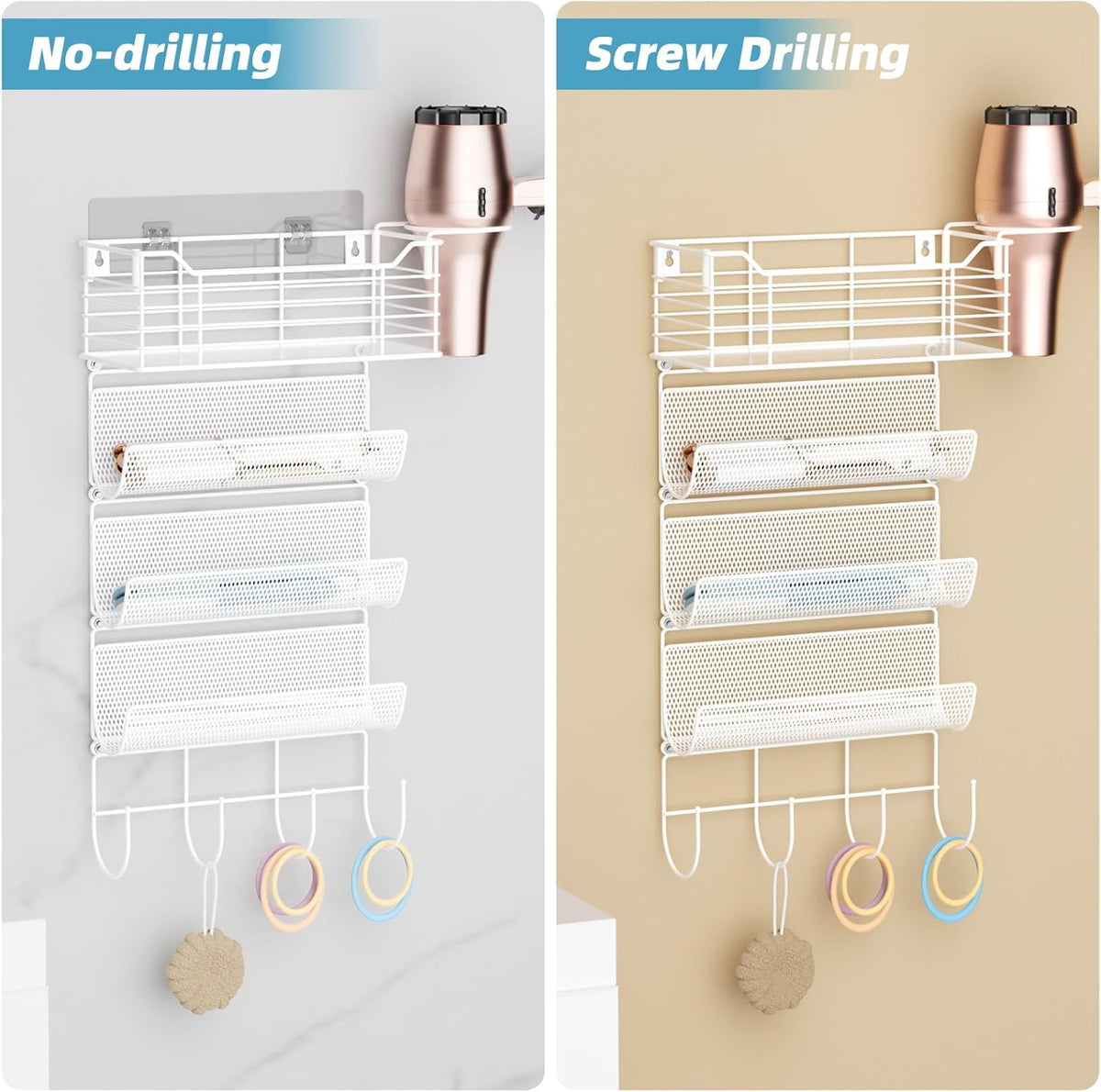 VITVITI Metal Hair Tool Organizer Wall Mount, Hair Dryer Holder with 4 Tier Shelf Basket Hooks