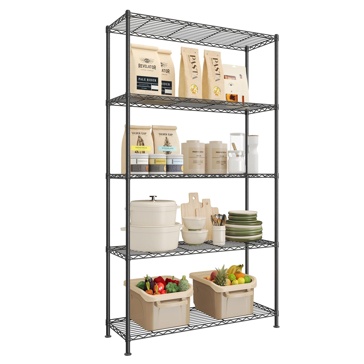 SONGMICS Storage Shelf, Metal Wire Shelving Unit, 5 Tier, Ink Black