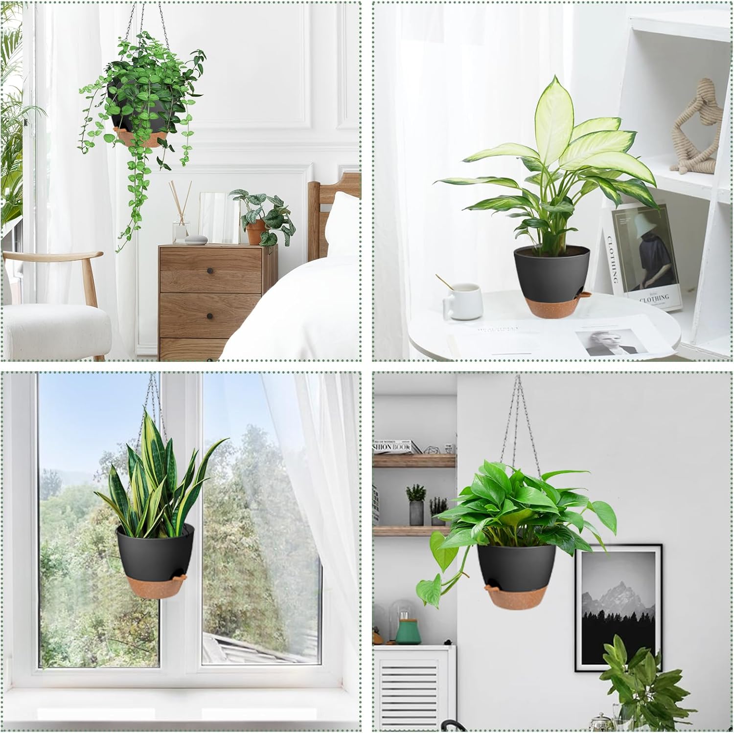 Hanging Planters for Indoor Outdoor Plants, 2 Pack Self Watering Hanging Pot with Drainage Holes &