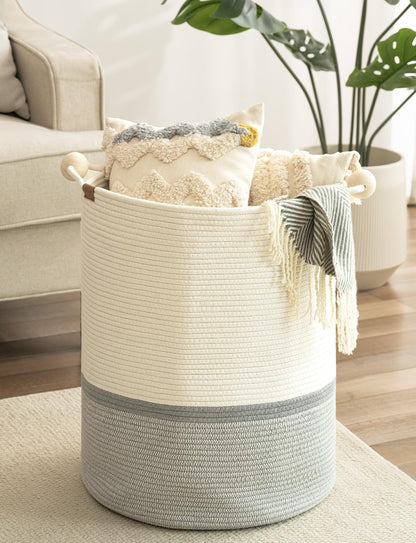 StorageWorks 72L Cotton Rope Laundry Basket with Wooden Beads Handles, Woven Basket for Storage