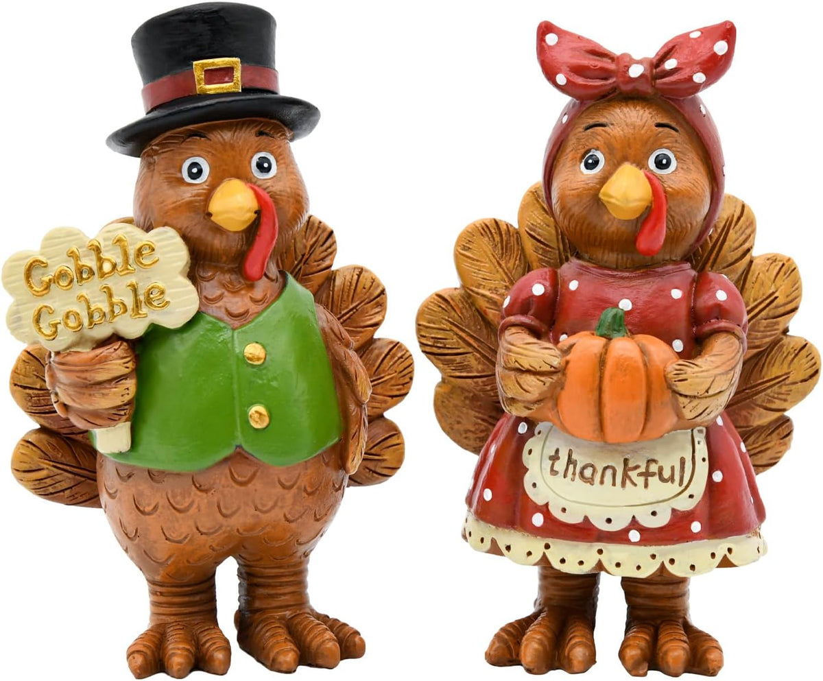 Thanksgiving Turkey Decor - 2Packs Resin Turkey Couple Standing Figurines Thanksgiving Decorations