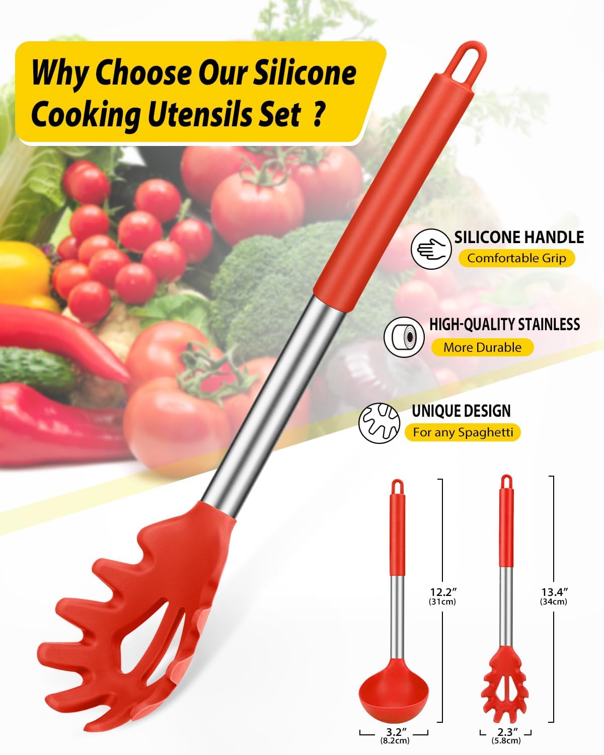 Silicone Pasta Fork and Ladle Spoon Set, Large Non Stick Kitchen Utensils for