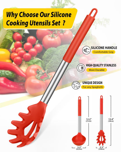 Silicone Pasta Fork and Ladle Spoon Set, Large Non Stick Kitchen Utensils for