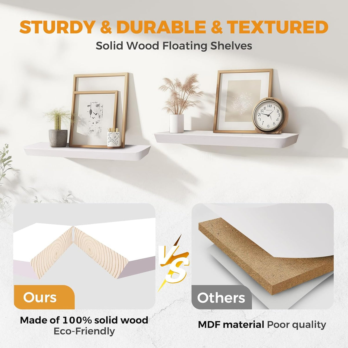 16"x6.8"x1.6" Slanted Floating Wall Shelves 2-Pack - Rustic White Finish, Heavy-Duty Solid Wood