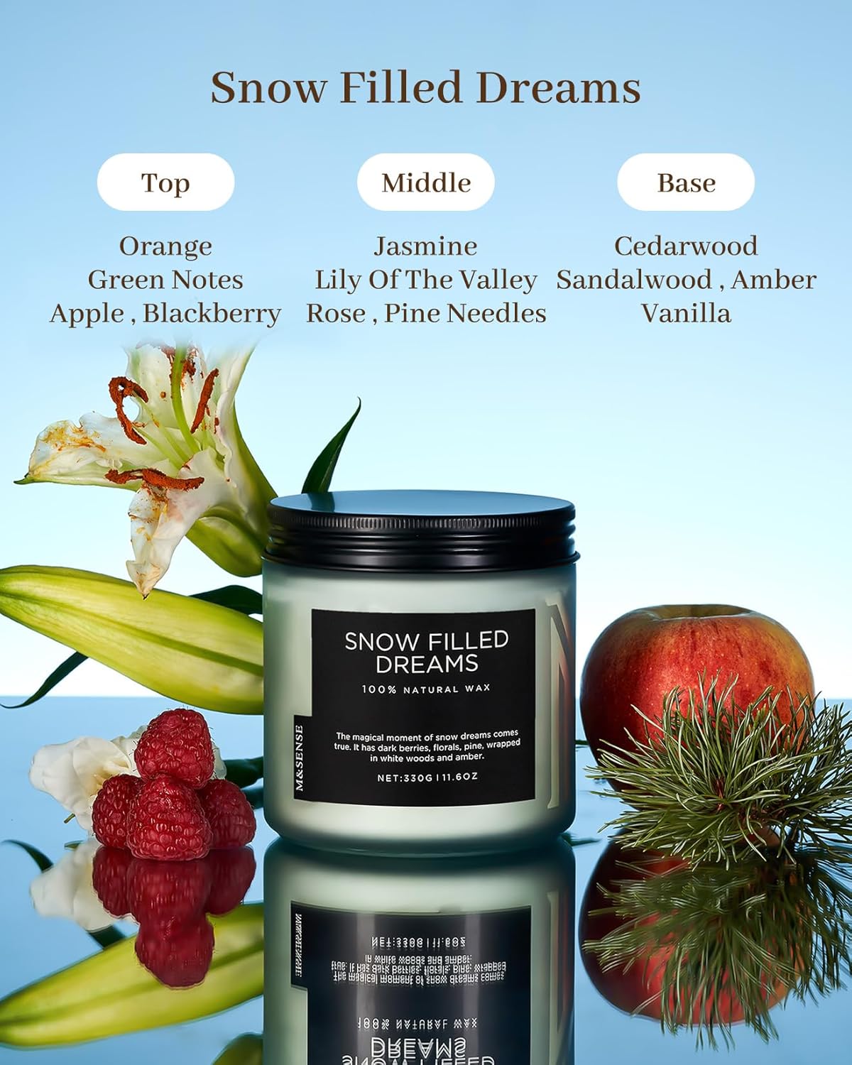 M&SENSE Snow Filled Dreams - Jasmine & Pine Scented Candle, 11.6oz Natural Soy Wax 70 Hours Long