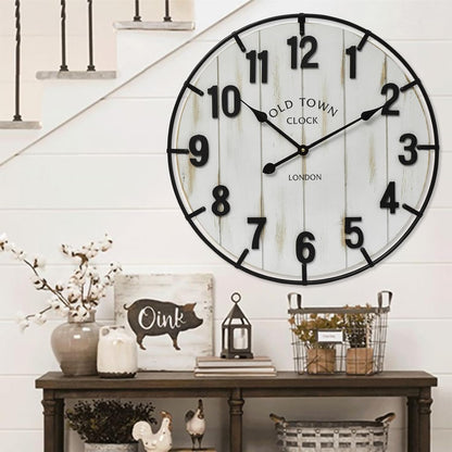 Large Old Town Farmhouse Wall Clock – 24 Inches Rustic Antique Wood with Metal Circle and Large