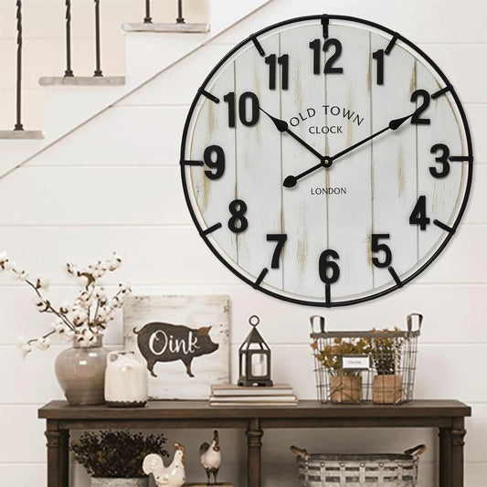 Large Old Town Farmhouse Wall Clock – 24 Inches Rustic Antique Wood with Metal Circle and Large