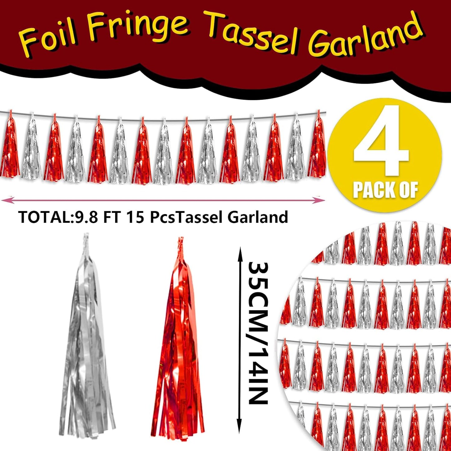 4P Red Silver Foil Fringe Metallic Tassel Streamers Banner Tassel Garland for Parade Floats