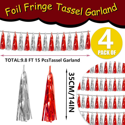 4P Red Silver Foil Fringe Metallic Tassel Streamers Banner Tassel Garland for Parade Floats