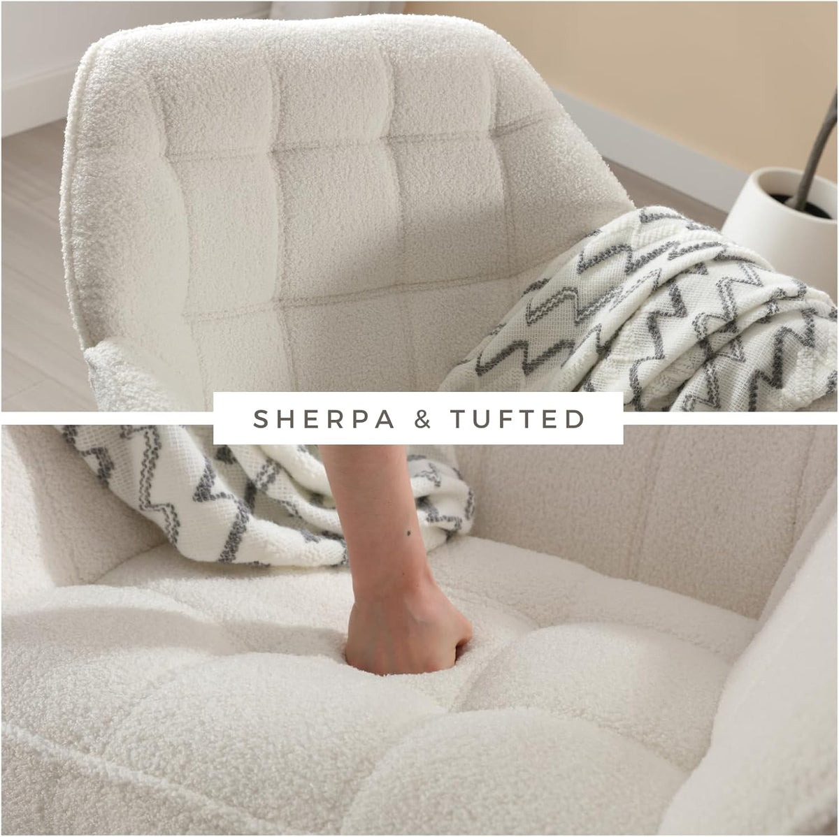 Modern Sherpa Accent Chair with Ottoman, Fluffy Upholstered Lounge Chair with Footrest, Comfy