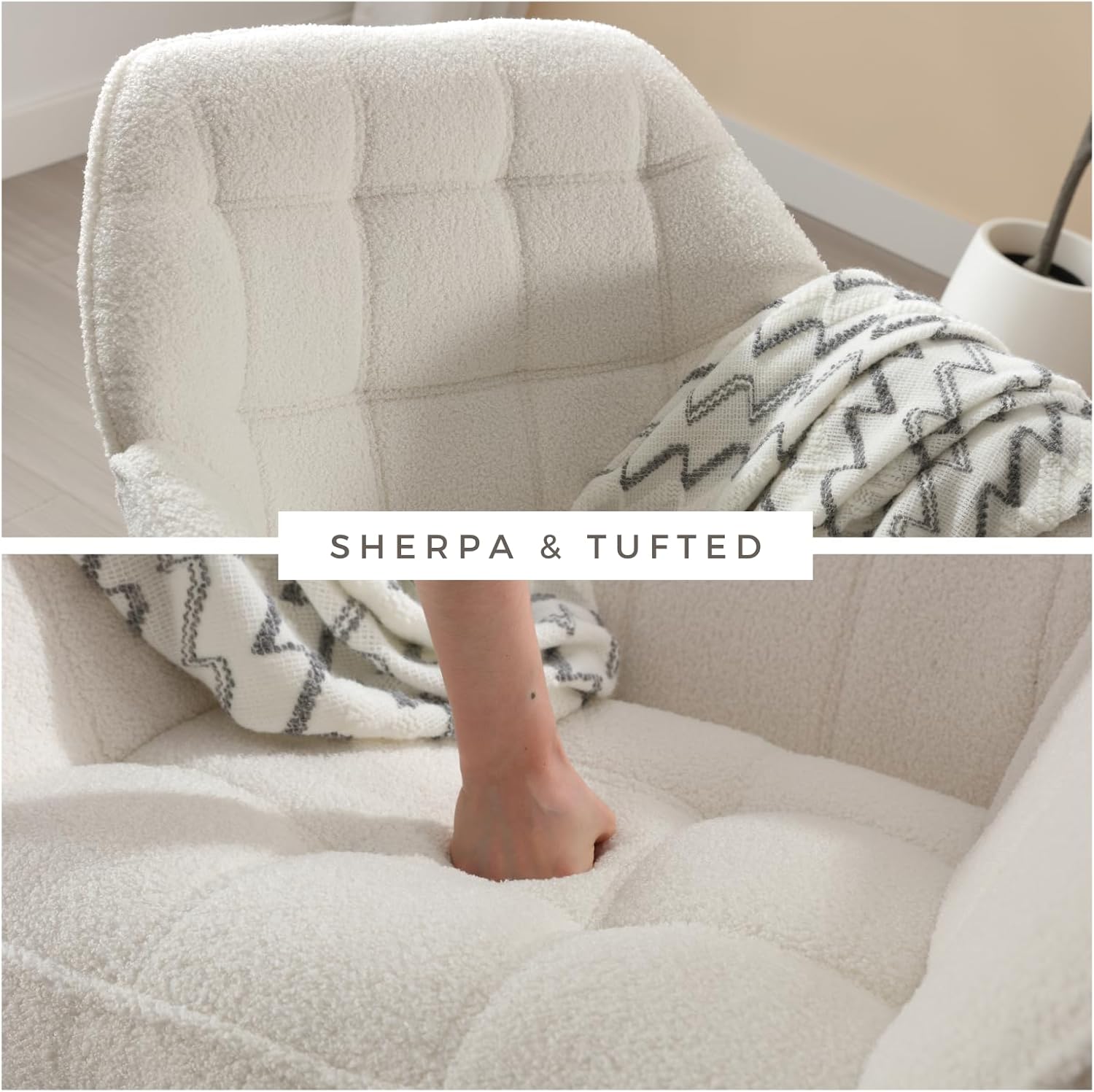 Modern Sherpa Accent Chair with Ottoman, Fluffy Upholstered Lounge Chair with Footrest, Comfy