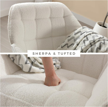 Modern Sherpa Accent Chair with Ottoman, Fluffy Upholstered Lounge Chair with Footrest, Comfy