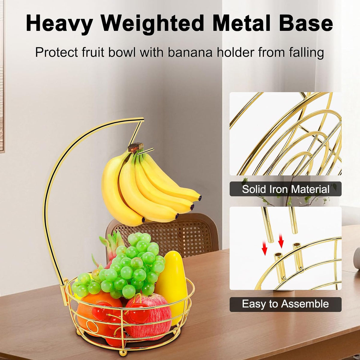 Livabber Countertop Fruit Basket Bowl with Banana Hanger, Modern Standing Fruit Vegetable Bowl