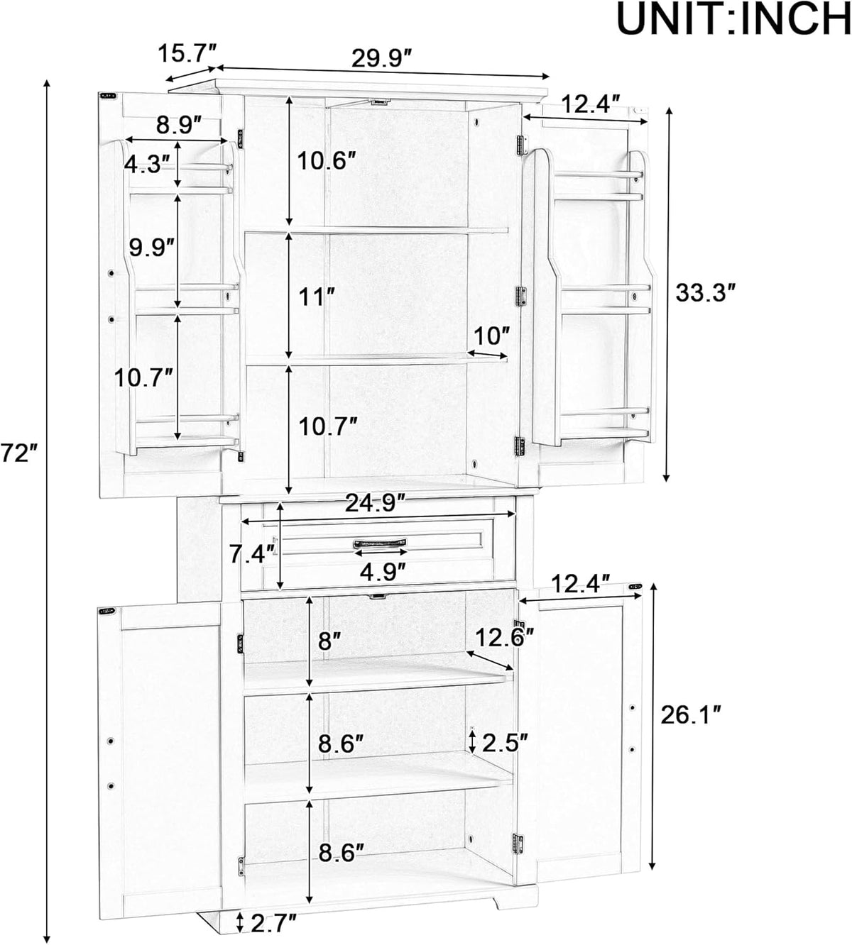 72.2" Tall Storage Cabinet with 4 Doors and Drawer, Freestanding Linen Cabinet, Wooden Pantry with