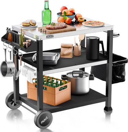 NUUK 3-Shelf Grill Cart with Stainless Steel Top – 20" x 32" Mobile Outdoor Kitchen Table for Pizza