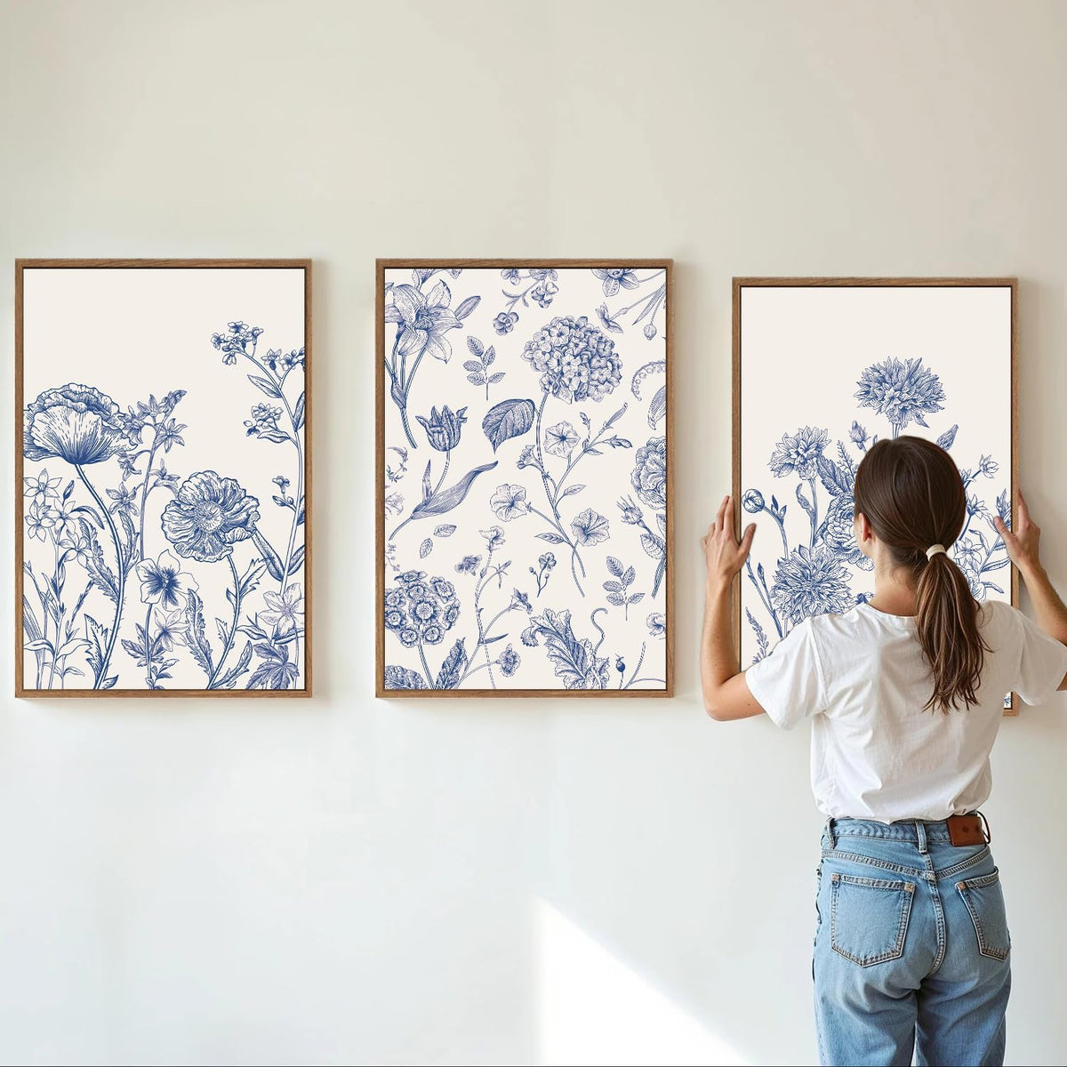Tinonedraw Large Classic Chinoiserie Flower Framed Canvas Wall Art Set, Navy Blue and White Floral