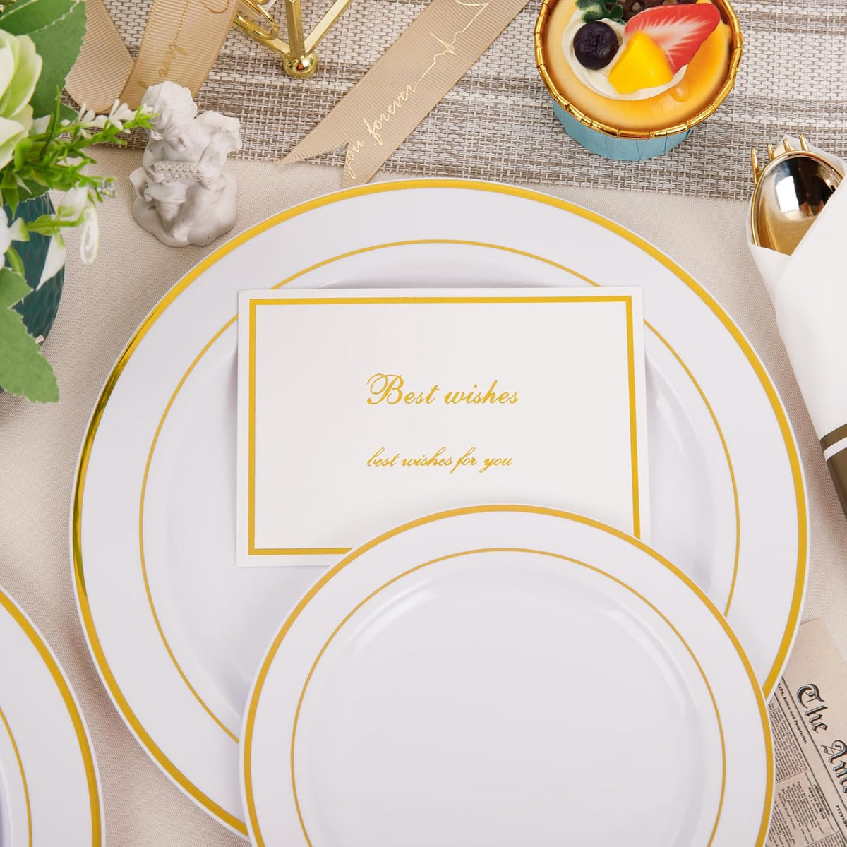 350Piece Gold Dinnerware Set for 50 Guests - Gold Plastic Plates with Disposable Cutlery