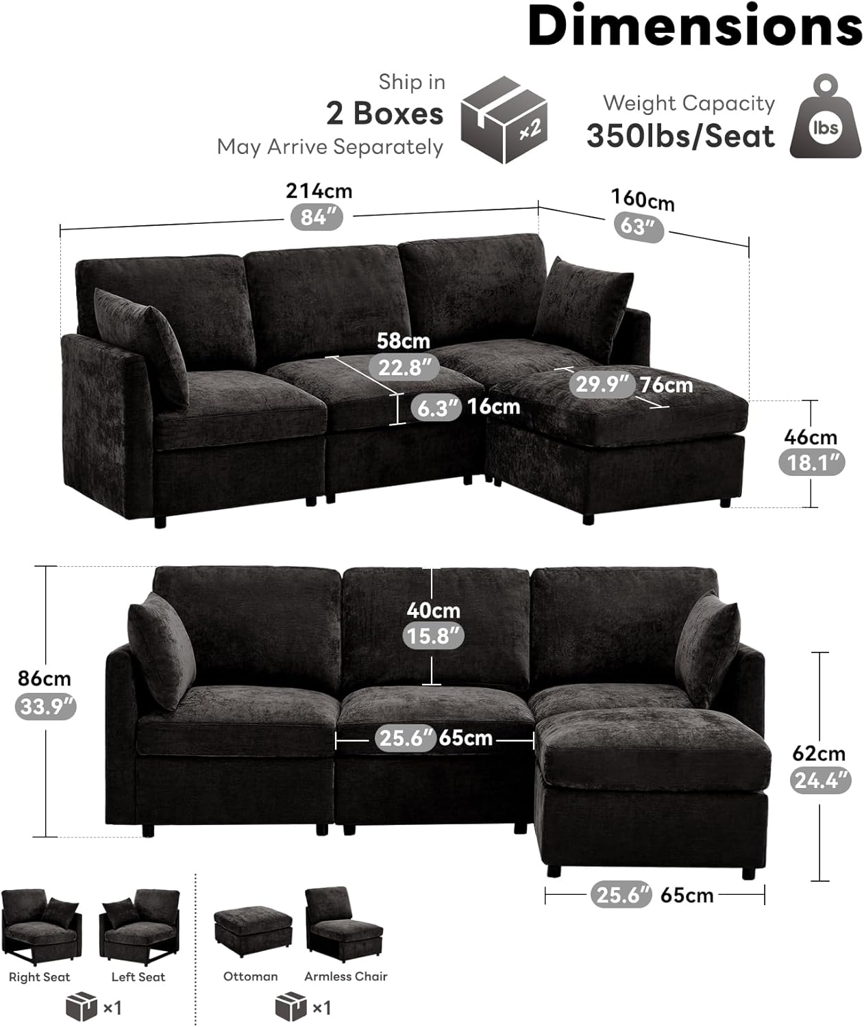 Tbfit 85" Convertible L Shaped Couch, Sectional Sofa for Living Room,Chenille Cloud Couch with