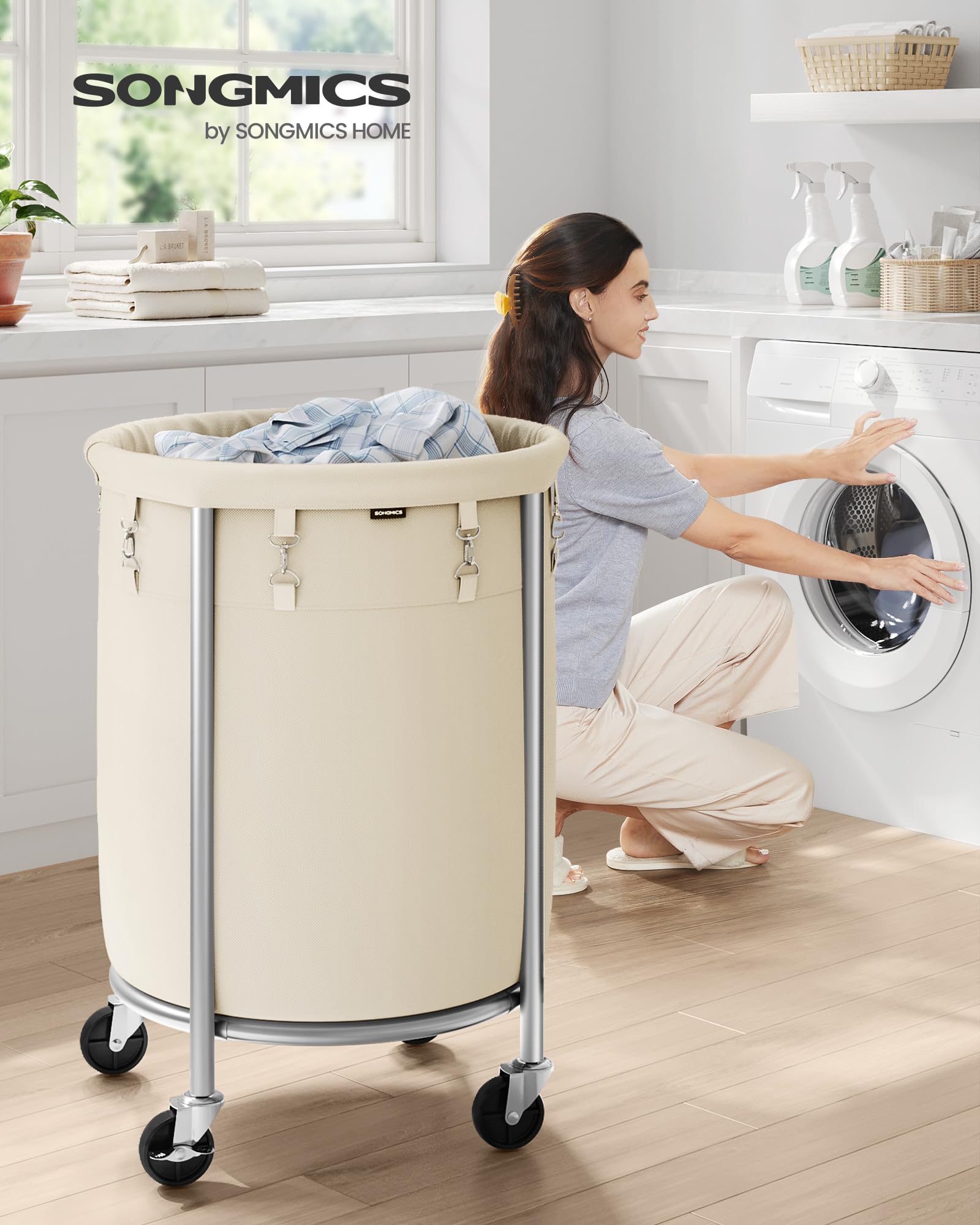 SONGMICS Laundry Basket with Wheels, 29 Gal., Steel Frame, Removable Bag