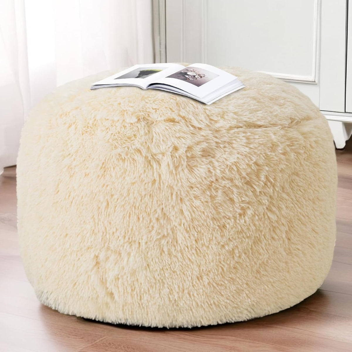HIGOGOGO Round Stuffed Pouf Ottoman, Long Faux Fur Poufs with Foam Chunk Filling, Fluffy and Furry