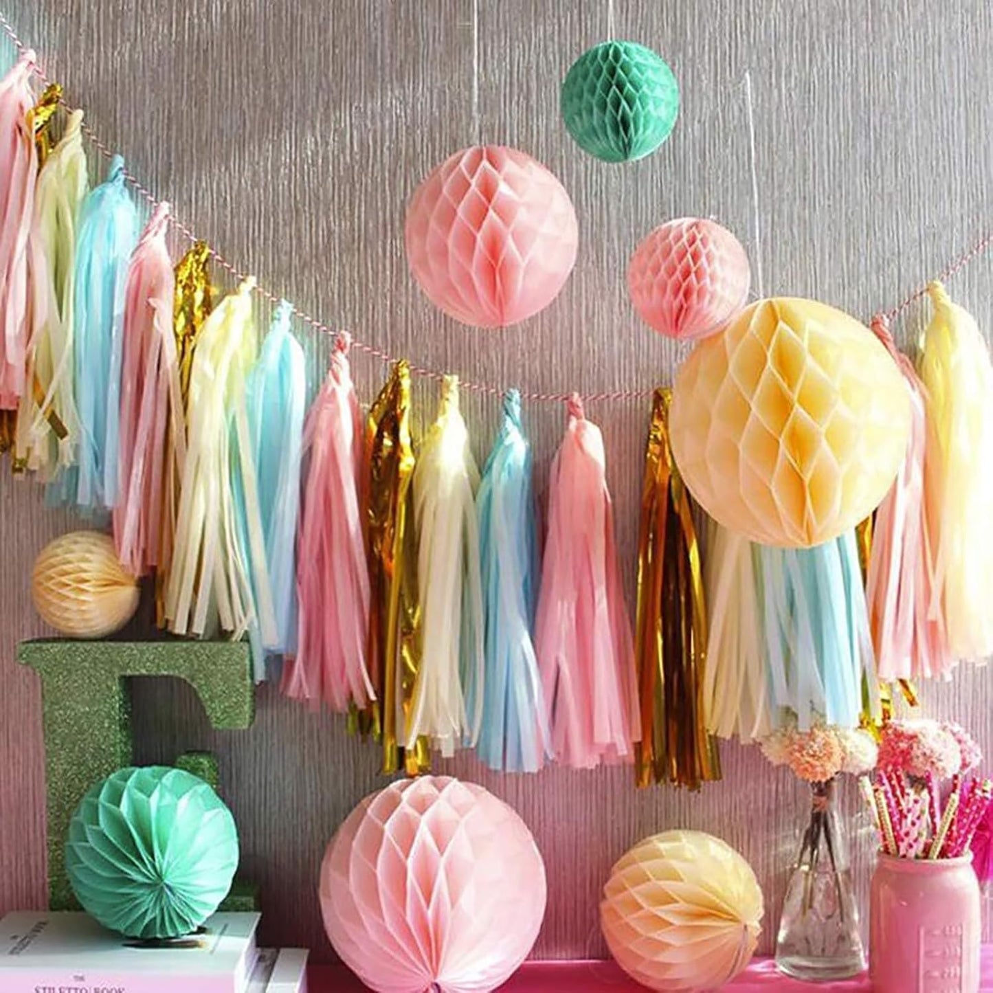 Pink Blue and Silver Tissue Paper Tassel Banner for Gender Reveal Birthday,Baby Shower Party