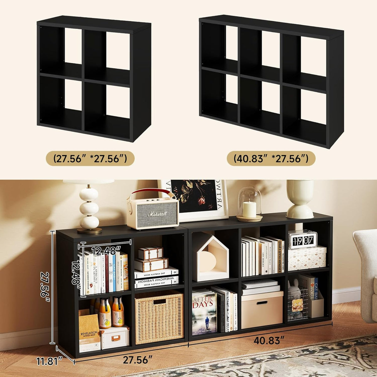 6 Cube Storage Organizer, Black Bookshelf with Storage, 2 Tier Storage Cubes, Freestanding Storage