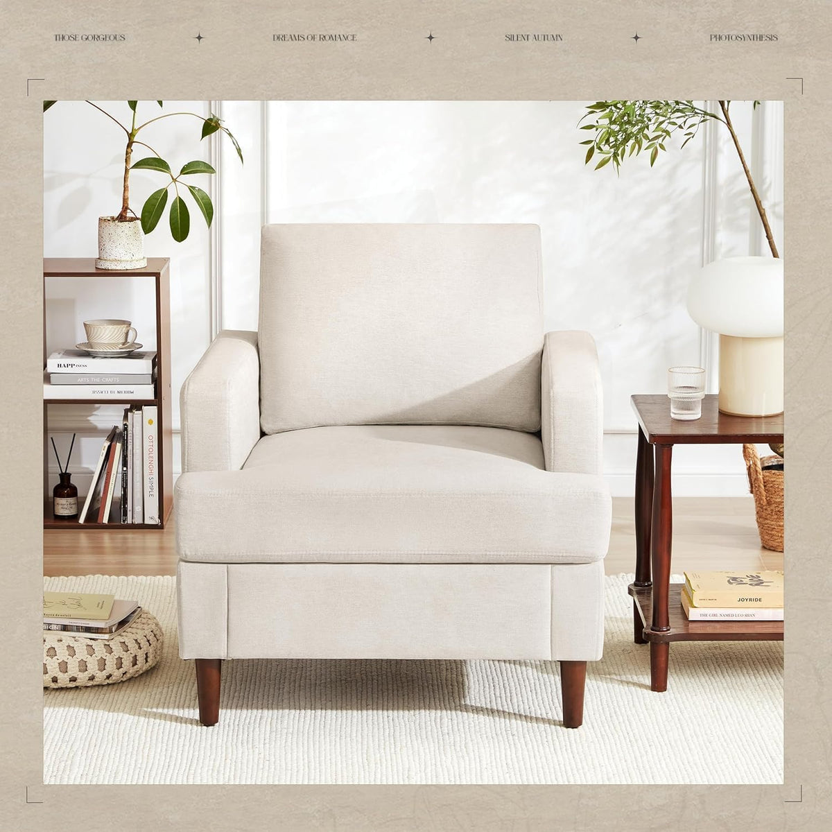 Mid-Century Accent Chair,Modern Linen Fabric Armchair for Living Room,Comfy Upholstered Reading
