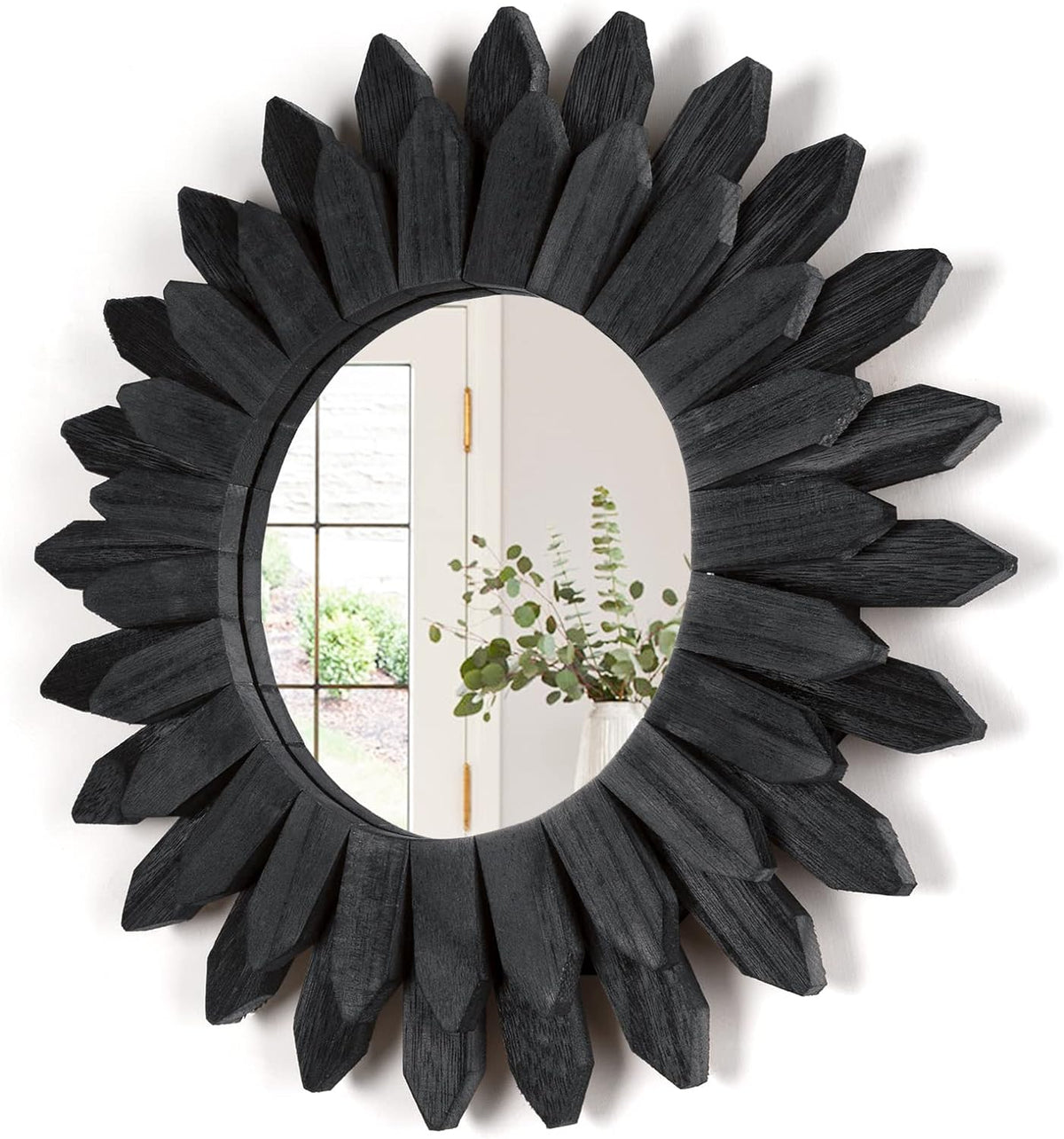 Honiway Black Wall Decor Wall Mirror 12 inch Boho Wall Decor Wood Decorative Mirror for Room Decor