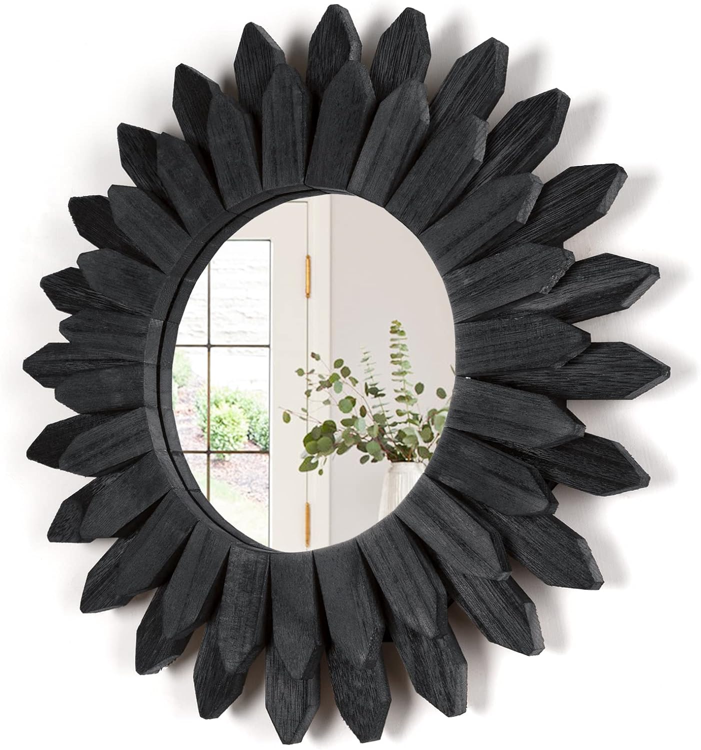 Honiway Black Wall Decor Wall Mirror 12 inch Boho Wall Decor Wood Decorative Mirror for Room Decor