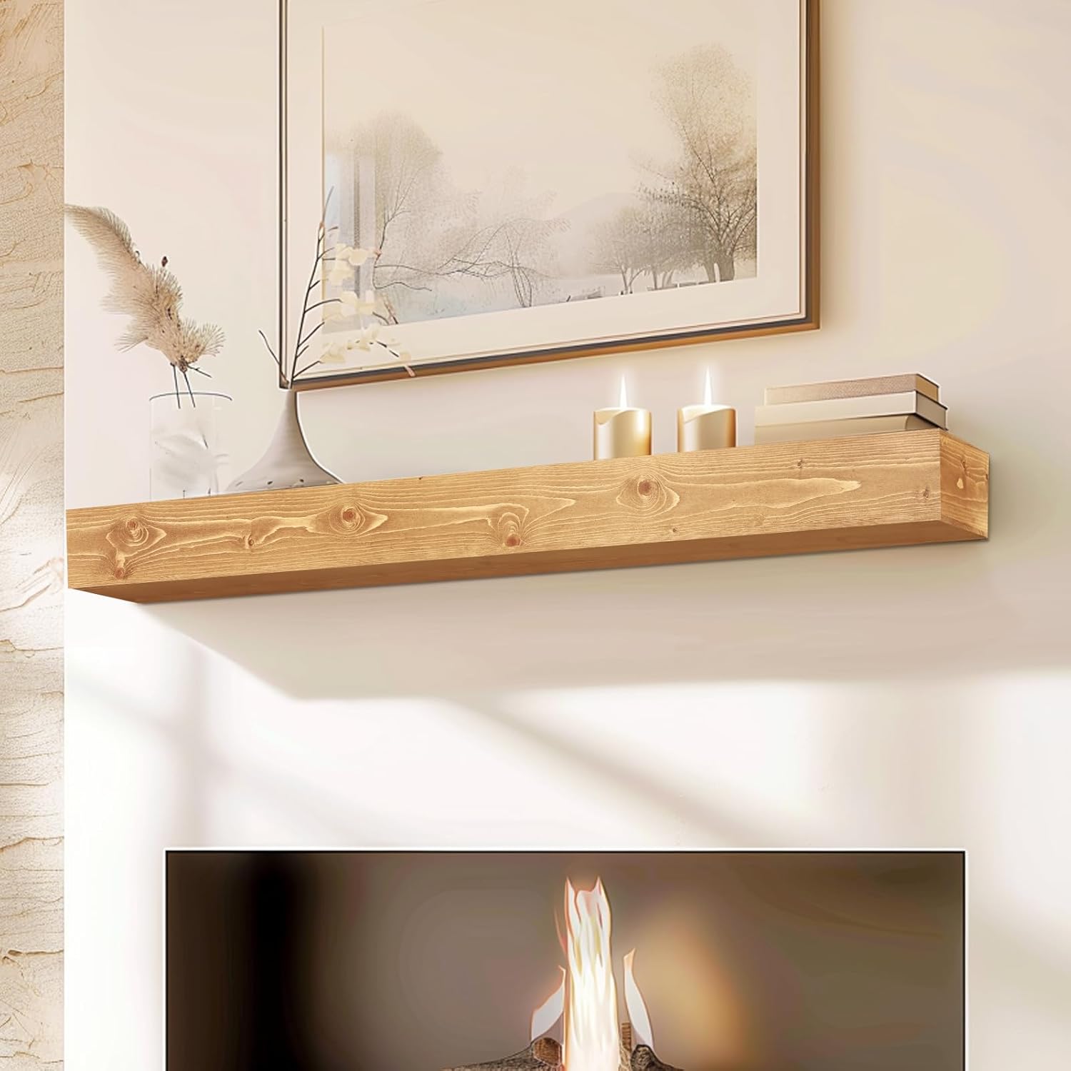 48x8x5 Fireplace Mantel - Handcrafted Rustic Solid Wood Wall Mounted Floating Shelf with Invisible