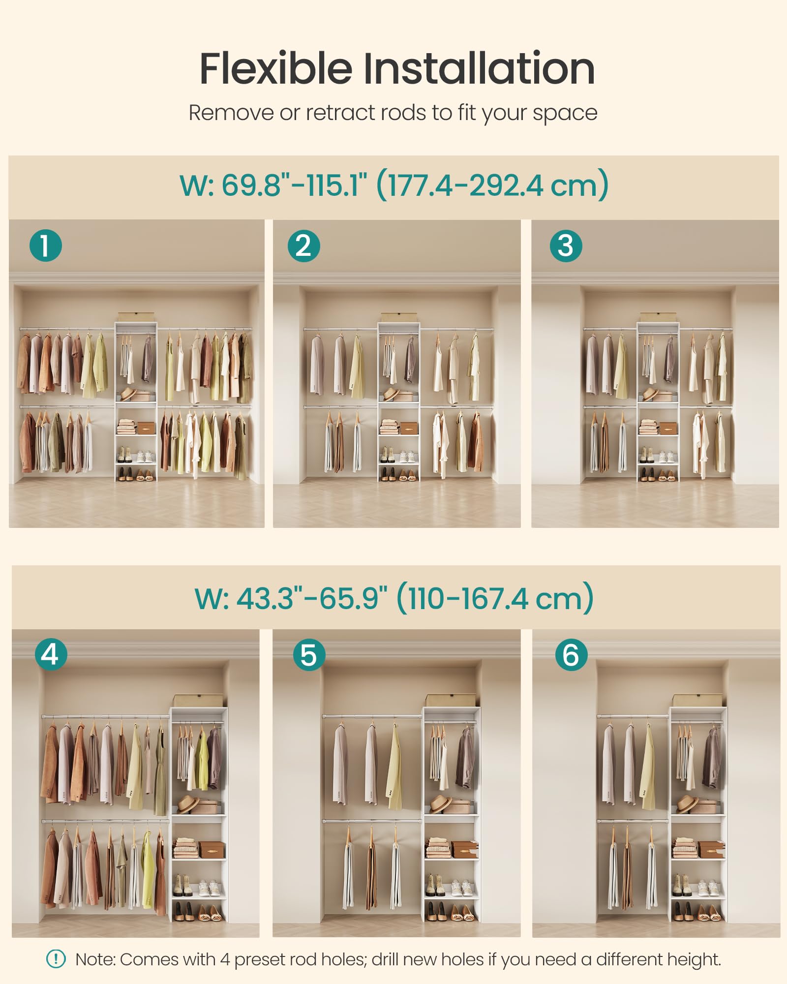 SONGMICS Closet System, Customizable Walk-In Closet Organizer System with Adjustable Hanging Rods