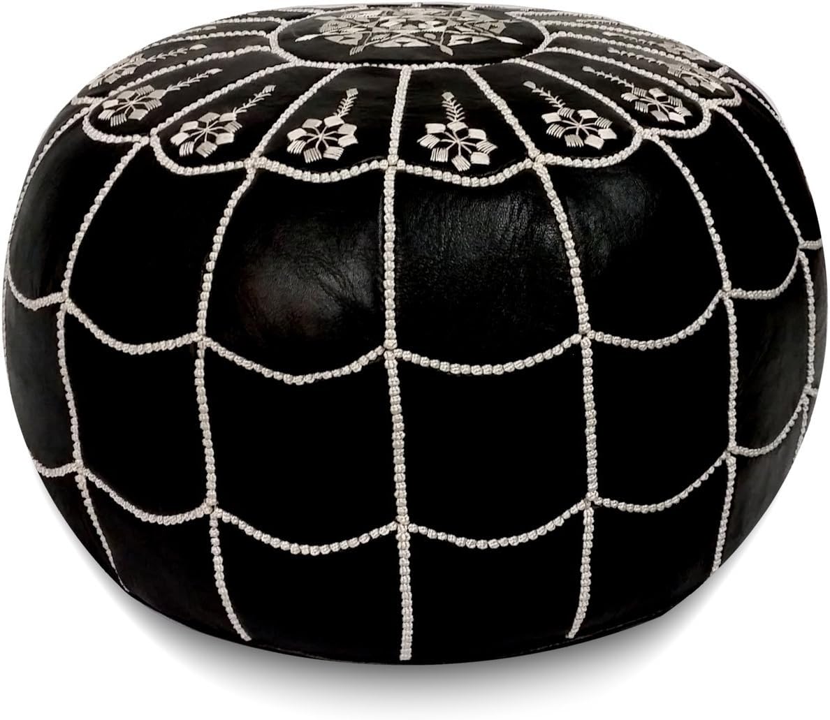 Stuffed Arch Design Moroccan Leather Pouf Ottoman, Handmade, Pre-Filled, 100% Genuine Leather, 14”