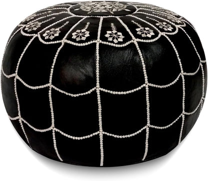 Stuffed Arch Design Moroccan Leather Pouf Ottoman, Handmade, Pre-Filled, 100% Genuine Leather, 14”