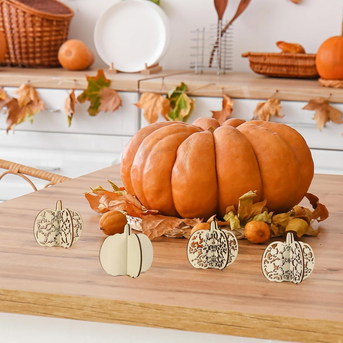 COCHIE DIY 3D Fall Pumpkin Wood Crafts to Paint for Kids Adults, Paintable Unfinished Wooden Slices