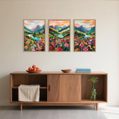 Celestdeco Wildflower Blossom Framed Canvas Wall Art Set, Colorful Flowers Painting, Abstract